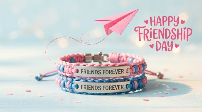 Happy friendship day banner with friendship bracelets and paper airplane on pastel background