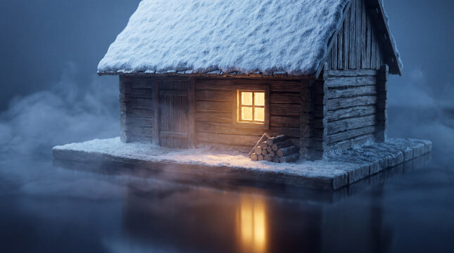 Miniature snow covered wooden cabin with glowing window in a winter scene