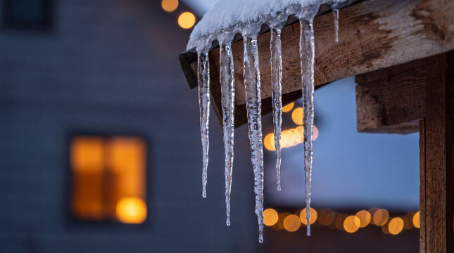 Icicles hanging from a snow covered roof with cozy cabin lights in the background