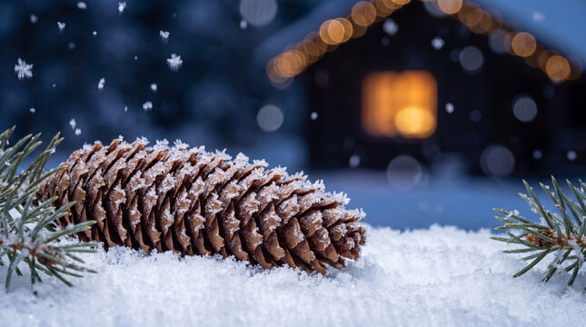 Frost covered pine cone resting on snow with cozy cabin lights in the background