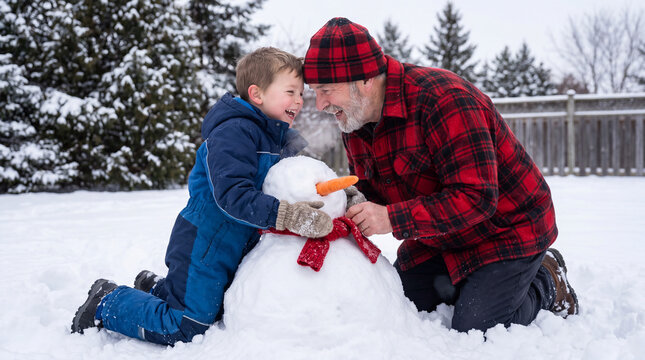 Grandfather and grandson building a snowman together in a snowy backyard