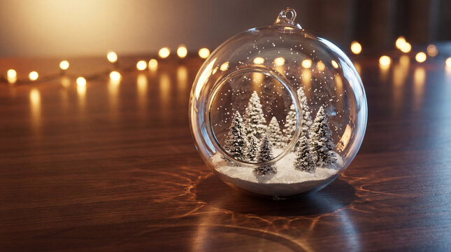 3D glass Christmas ornament with snowy pine trees and festive lights