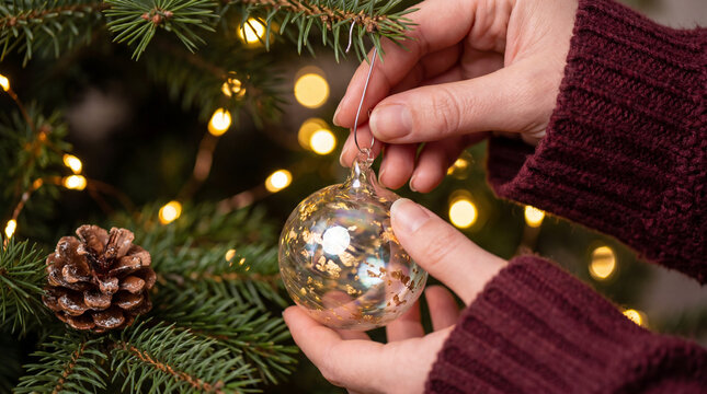 Hands hanging a glass Christmas ornament on a decorated evergreen tree