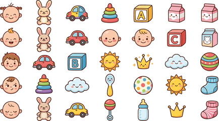 Fototapeta premium Cute Kawaii Baby Toys and Newborn Essentials Clipart Icon Set Featuring Smiling Avatars Plush Bunny Toy Cars Alphabet Blocks and Rattles for Nursery Designs