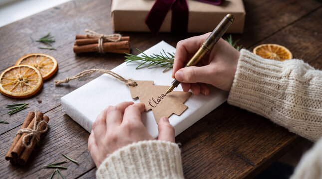 Hands writing a Christmas gift tag on a wrapped present with natural holiday decorations