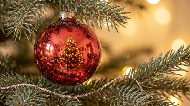 Red Christmas ornament reflecting a decorated tree on frosted evergreen branches