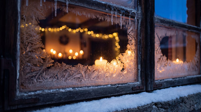 Frost covered window with glowing candles and Christmas lights inside a cozy home