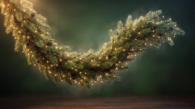 Illuminated Christmas garland with pinecones and berries on a green background