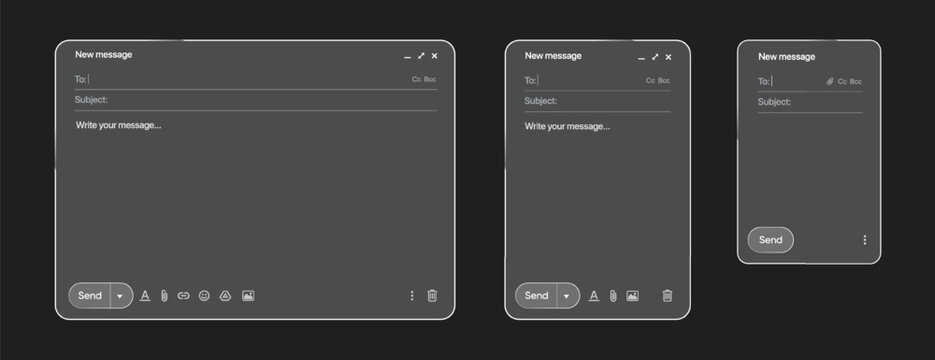 Glass new mail message UI screen set with responsive desktop, tablet and mobile compose windows, dark mode email interface template for web application, messaging dashboard and user experience