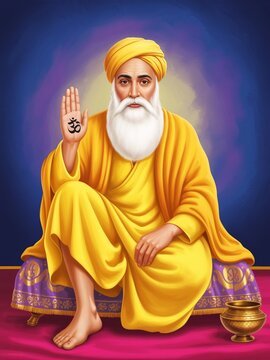 Spiritual portrait of guru nanak dev ji with yellow robes, white beard, and om symbol on his palm