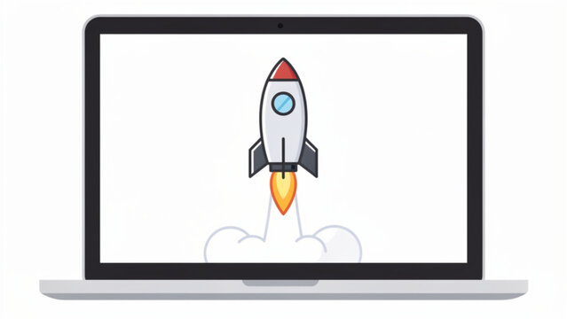 Digital illustration of a rocket launching from a laptop screen with vibrant colors and dynamic motion effect for technology and innovation themes