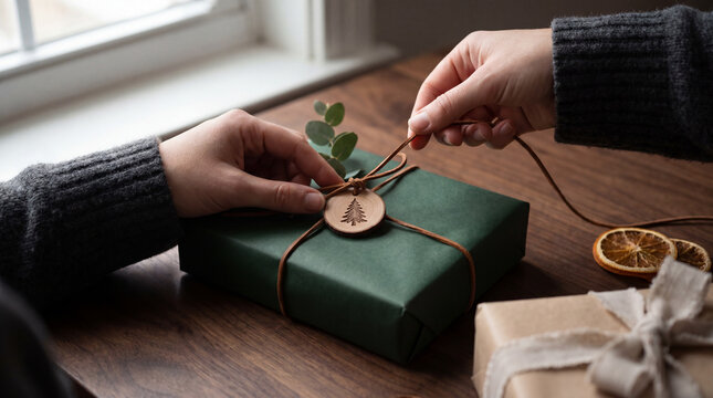 Hands wrapping a Christmas gift with natural ribbon and wooden tree tag