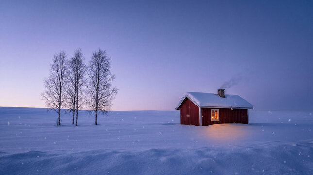 Snow covered red cabin with glowing window in a peaceful winter landscape