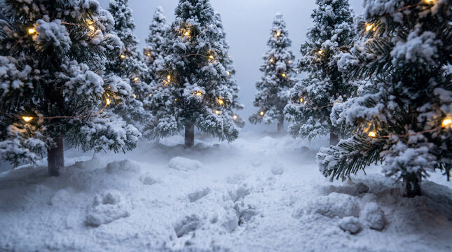 Snow covered evergreen forest illuminated with warm Christmas lights