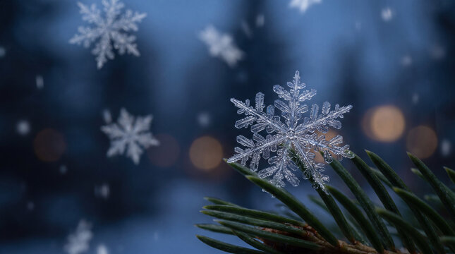 Macro snowflake resting on a fir branch with winter bokeh background