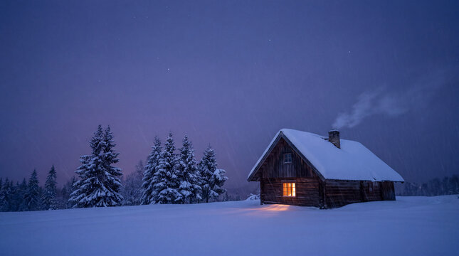 Snow covered cabin with glowing window in a peaceful winter landscape at night