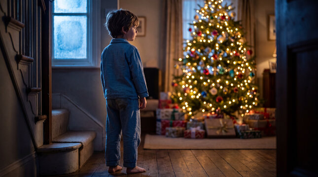Young boy admiring a decorated Christmas tree with wrapped presents at home