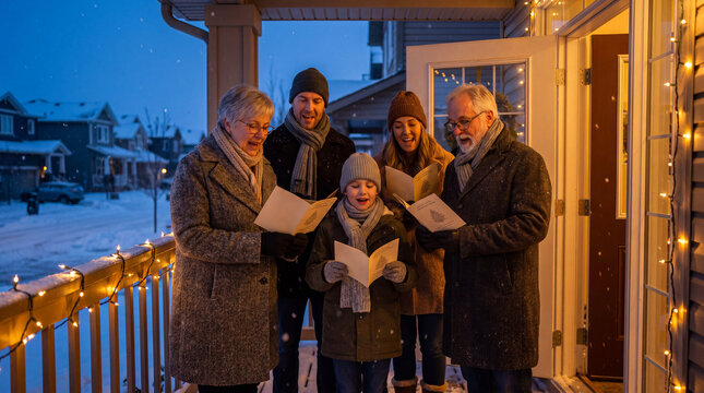 Multigenerational family singing Christmas carols on a snow covered front porch