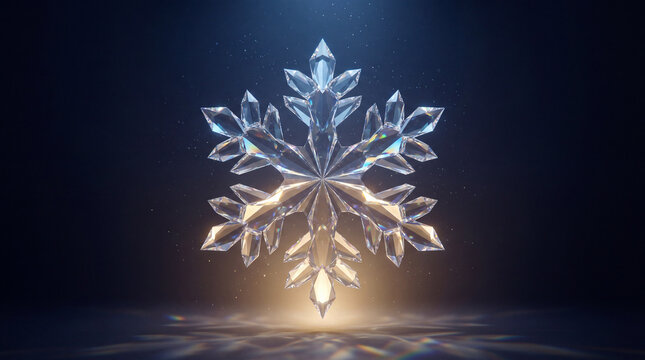 3D crystal snowflake floating on dark background with glowing light