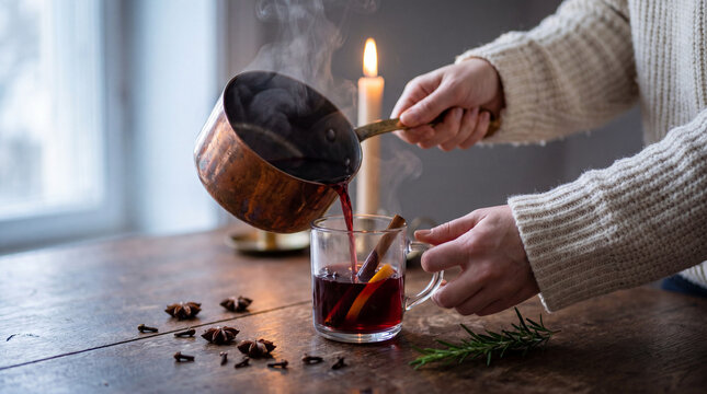 Hands pouring mulled wine into a glass with cinnamon and orange slices