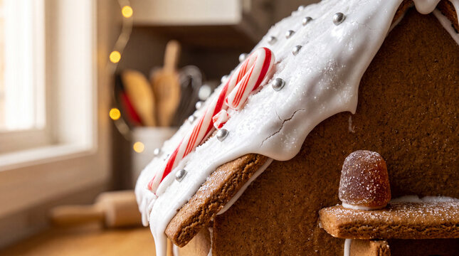 Closeup of a decorated gingerbread house with icing and candy canes
