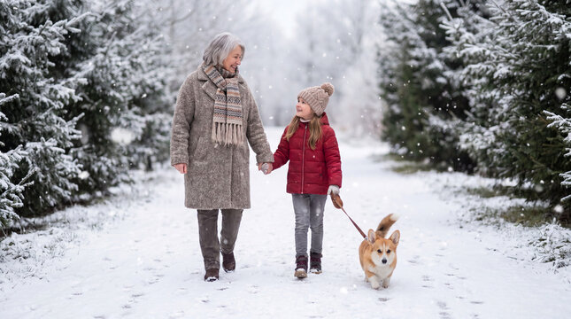 Grandmother and granddaughter walking a corgi along a snowy forest path
