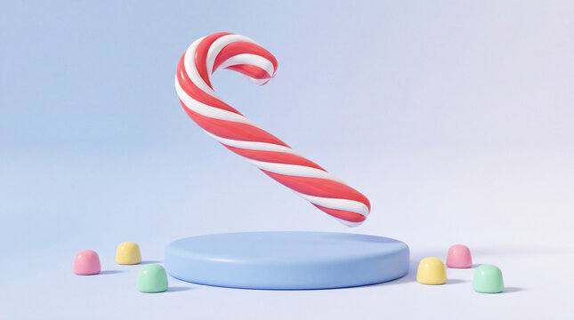 3D Christmas candy cane floating above pastel podium