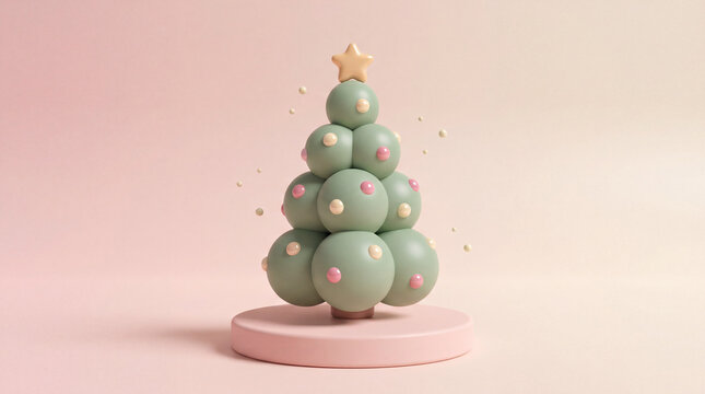 3D Christmas tree with ornaments and star on pastel podium