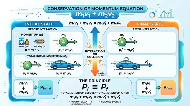 Educational infographic explaining conservation of momentum principle with simple graphics.
