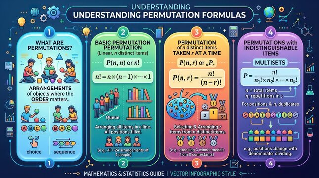 Understanding permutation formulas guide with four steps for counting arrangement objects.