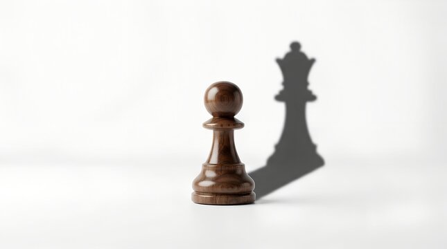 Wooden chess pawn casting queen shadow on white background, leadership concept
