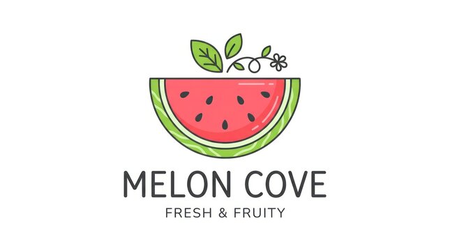 Minimalist logo design featuring fresh watermelon slice with green leaves on white background.
