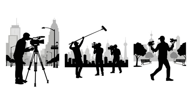 Silhouettes of photographers and filmmakers at work in city.