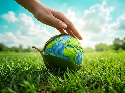 Hand holding a small globe in a green field. Person showcasing eco-friendly sustainability with a mini Earth model. Concept of global environmental...