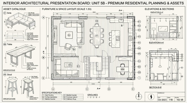 Architectural interior presentation board for unit 6b premium residential planning and furniture assets