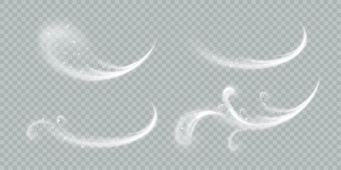 Fototapeta na wymiar White winter swirls with snowy wind trails for Christmas design, seasonal decorations, weather effects and festive illustrations on transparent background. Vector.