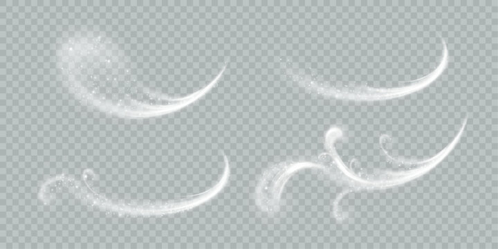White winter swirls with snowy wind trails for Christmas design, seasonal decorations, weather effects and festive illustrations on transparent background. Vector.