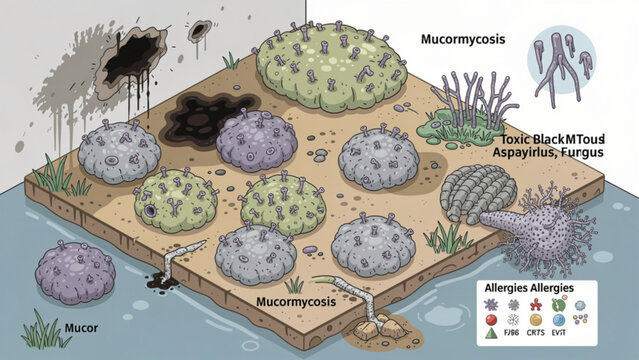 illustration of mold and fungi growth on damp wooden surface with allergy indicators in health infographic style