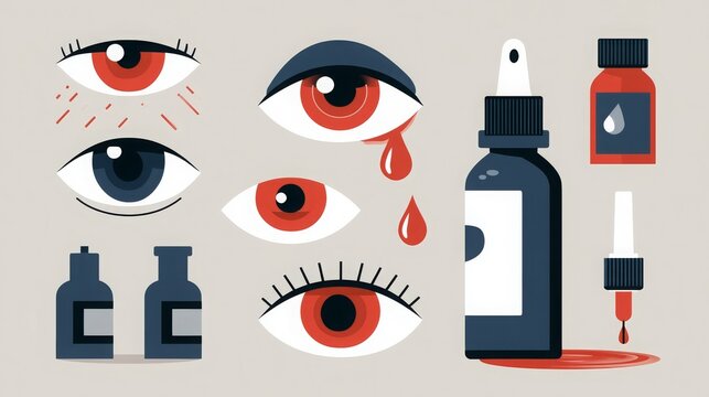 Flat vector icon collection illustrating eye conditions including irritation, stye, discharge, and eye drop treatment. 