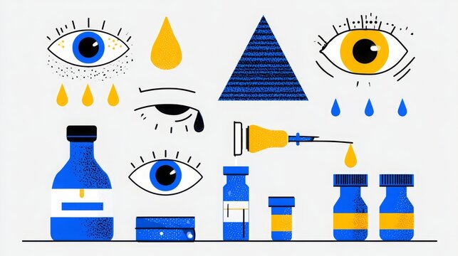 Flat vector icon collection illustrating eye conditions including irritation, stye, discharge, and eye drop treatment. 