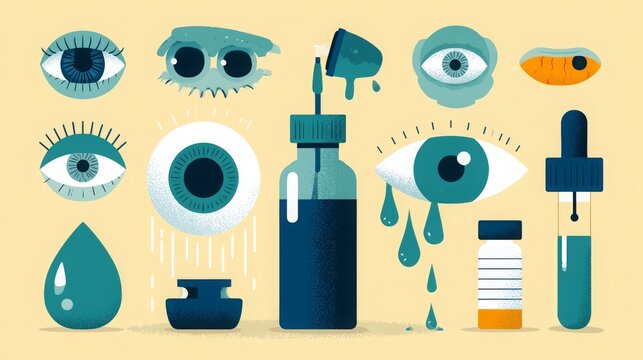 Flat vector icon collection illustrating eye conditions including irritation, stye, discharge, and eye drop treatment. 