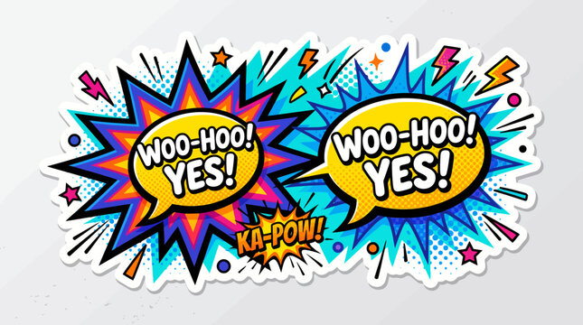 Vibrant comic book style stickers with exclamations.