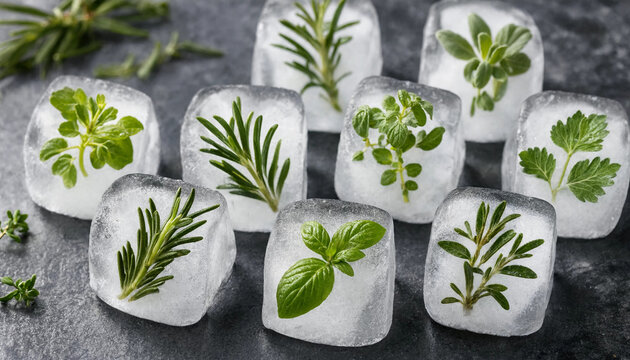 Fresh green herbs like rosemary, basil, and parsley frozen inside clear ice cubes arranged on a dark slate surface for a culinary presentation