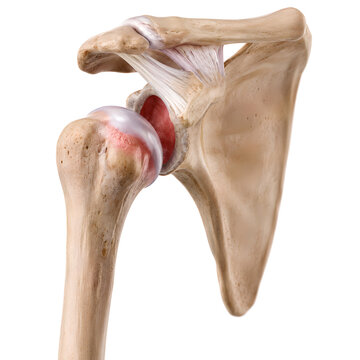 Shoulder dislocation with acute joint instability in photorealistic 3D anatomy render, isolated human shoulder bones and ligaments for healthcare, medical education, radiology, and patient education