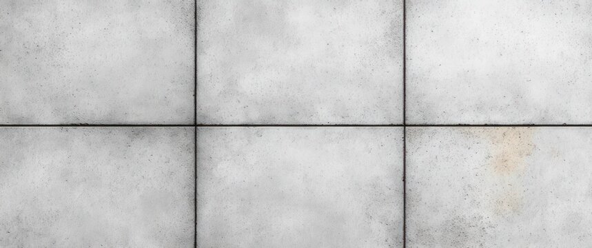 six large weathered gray concrete slabs in a horizontal grid with dark seams and subtle rust stains, conveying an austere minimalist industrial mood