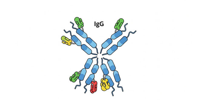 illustration of igg antibody molecule in vibrant colors with detailed structure showing antigen binding in scientific style