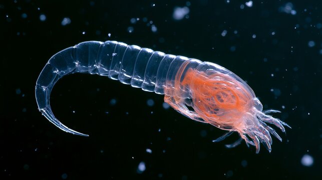 Transparent marine copepod with glowing internal anatomy, microscopic plankton organism isolated on black background.