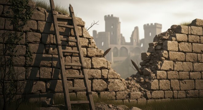 An Abandoned Siege Ladder Leans Against Crumbling Stone Walls with a Distant Medieval Castle