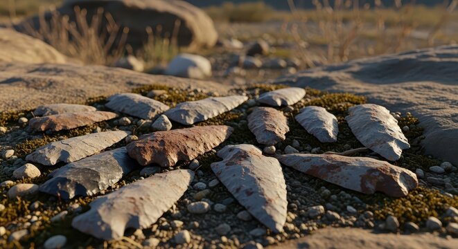 Ancient Scattered Arrowheads on Ground Surface