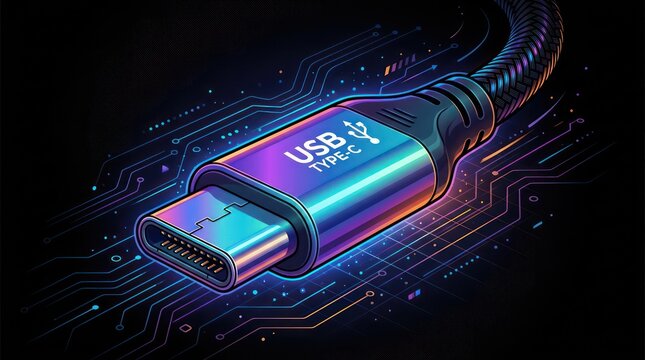 Glossy modern usb type c cable connector illuminated by digital circuit graphic background.